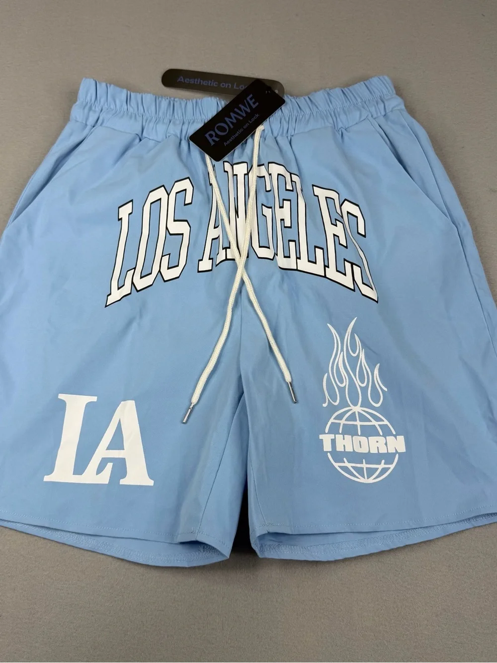 ROMWE Los Angeles Graphic Basketball Shorts Men’s M Blue Y2K NWT Drawstring