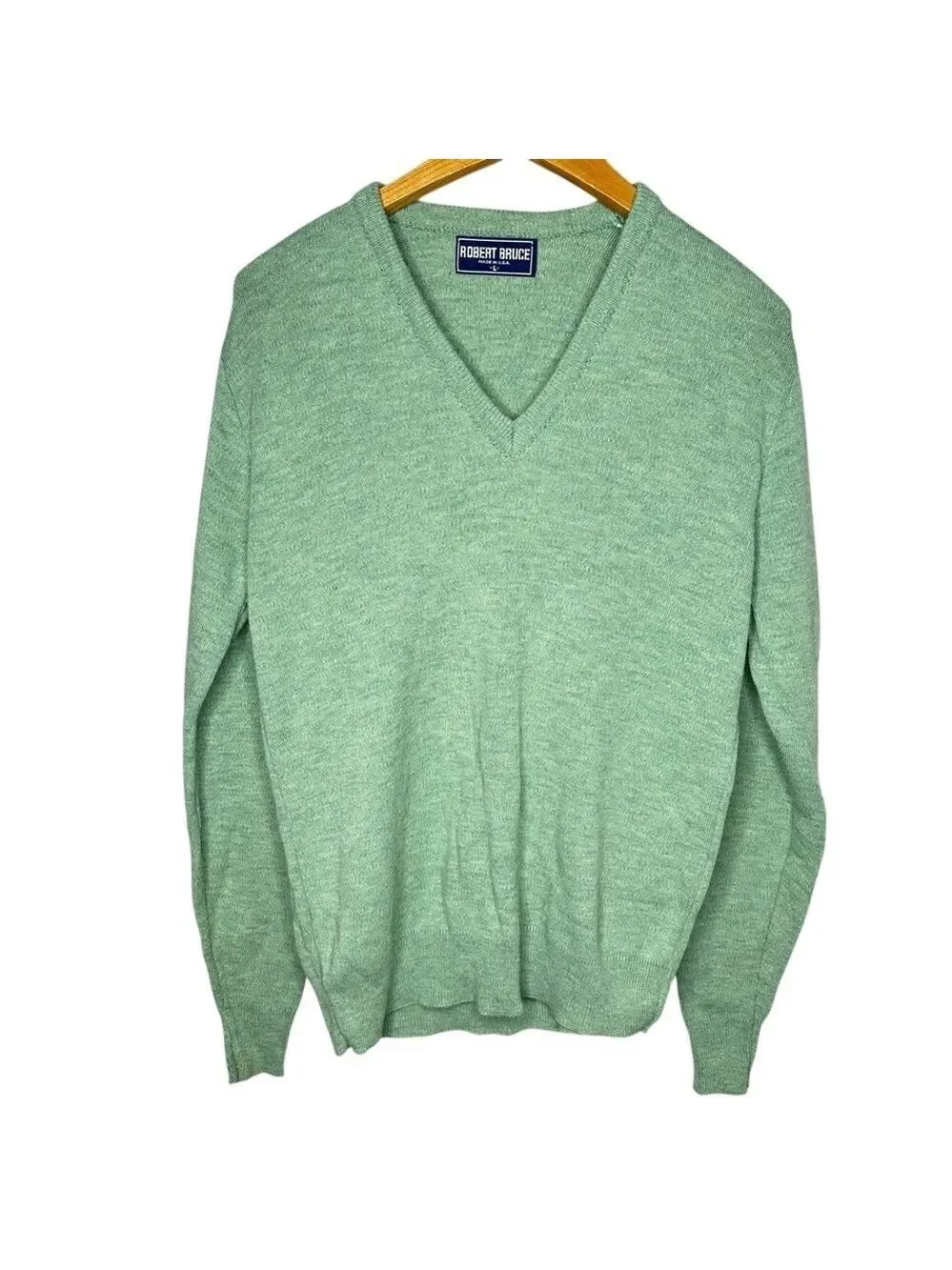 Vintage Robert Bruce Men’s Green V-Neck Knit Sweater Made In USA Size‎ L