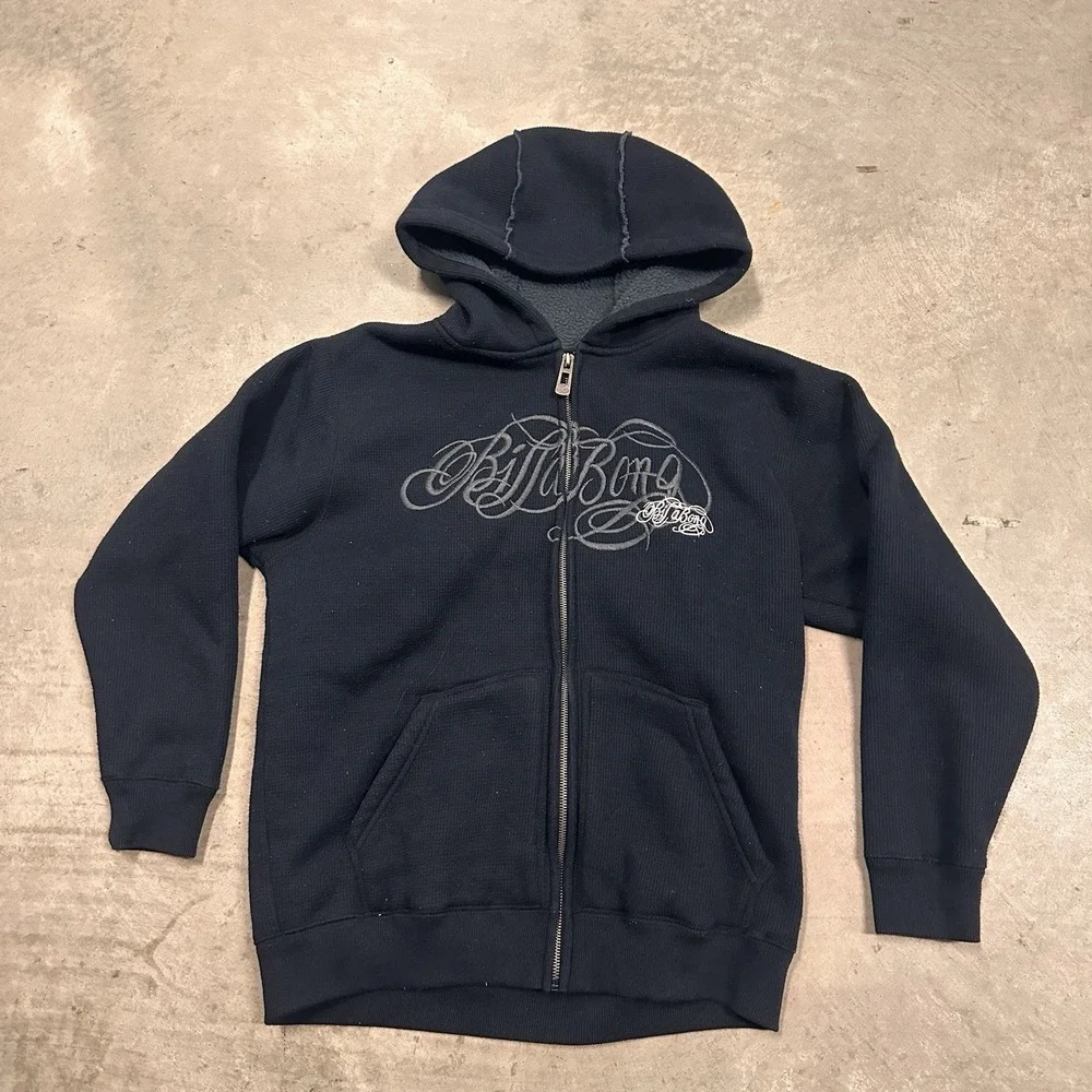 Billabong Jacket Mens Large Black Embroidered Sherpa Lined FullZip Y2K Grunge