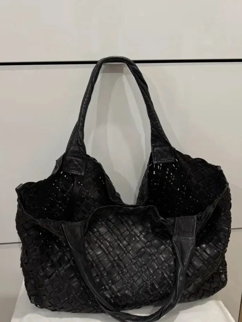 Massimo Dutti Black Woven Leather Tote