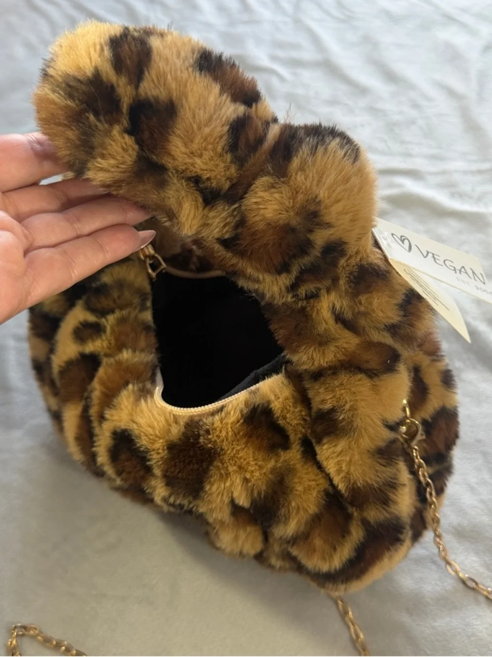 Faux Fur Leopard Print Handbag with Chain Strap