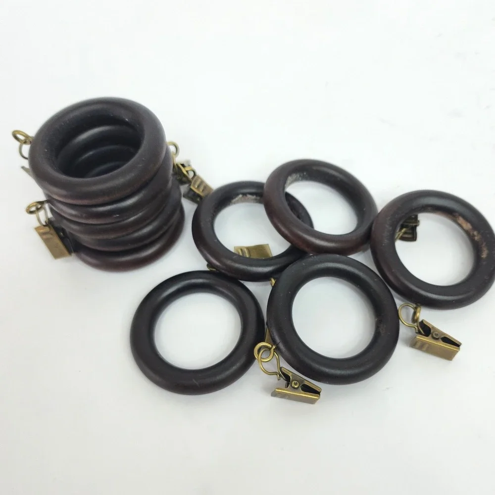 VTG 90s Dark Espresso Wood Curtain Rings with Clips Set of 10