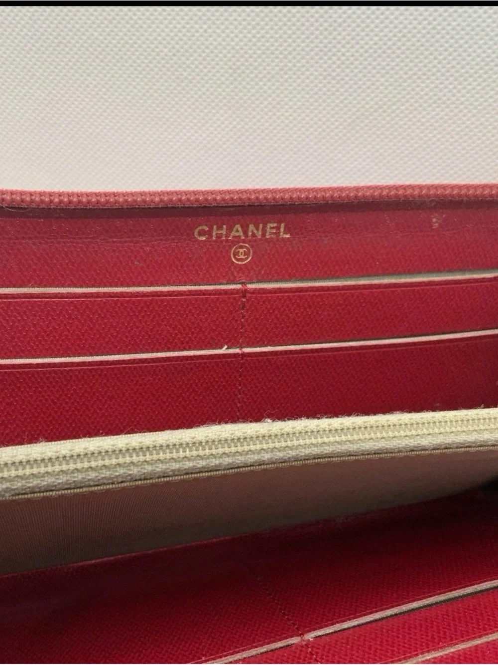 CHANEL Red Leather Zip Wallet with Gold CC Logo