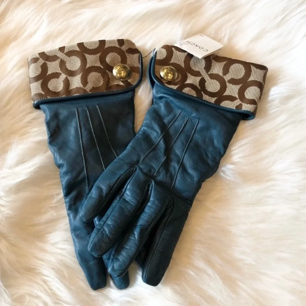 Coach Signature Gloves Moroccan Blue Leather Cashmere Lined Op Art