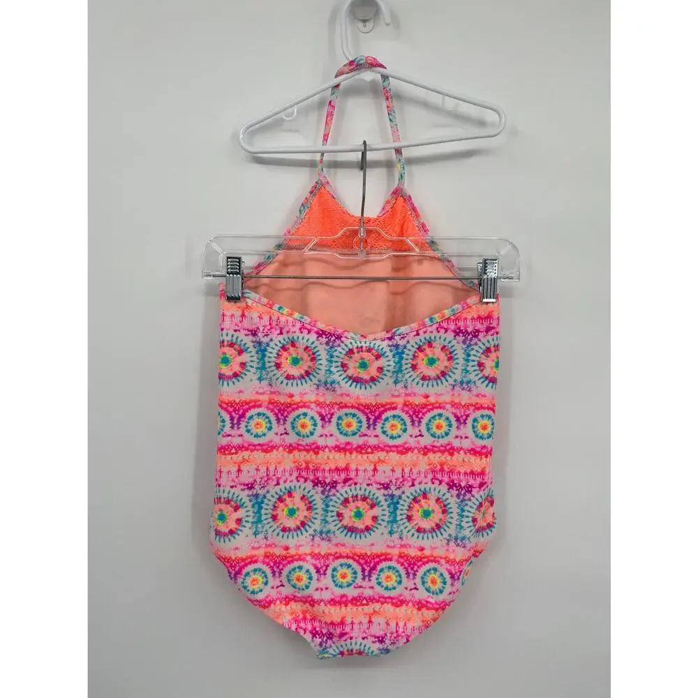 Wonder Nation Pink Printed Halter Neck One Piece Swimsuit Girls Size XL 14-16