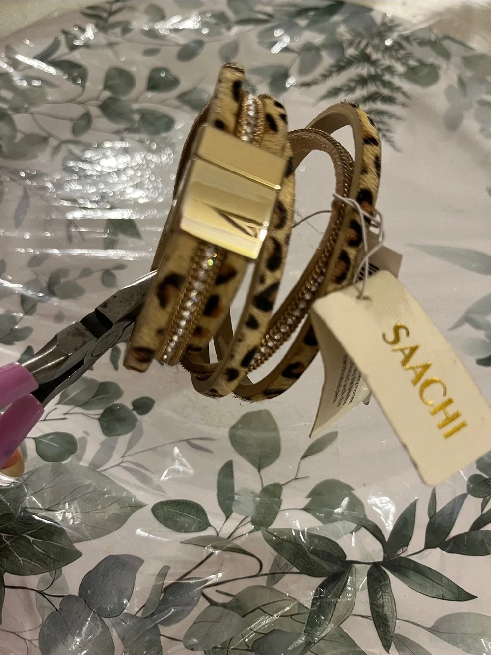 SAACHI Beige and Gold Leopard Print Wrap-Around Bracelet