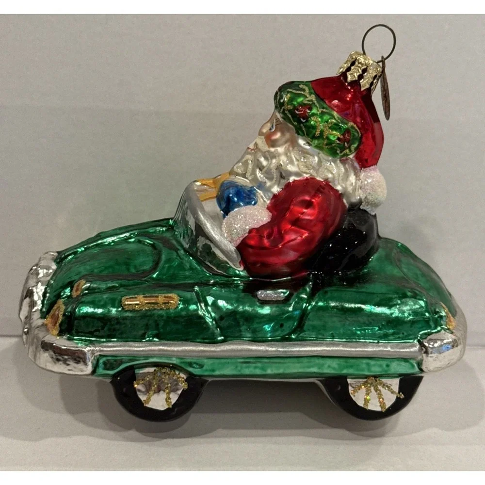 Radko Santa Claus Holly Trim Hat in Green Convertible‎ Car Christmas Ornament