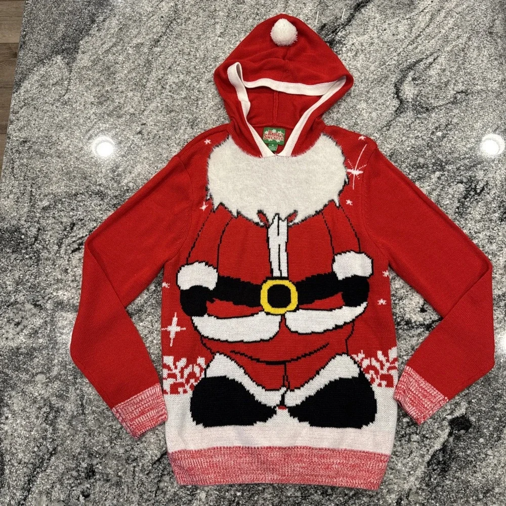 Party Sweater‎ Ugly Christmas Sweater Santa Claus Hoodie Furry Red Knit Sz M