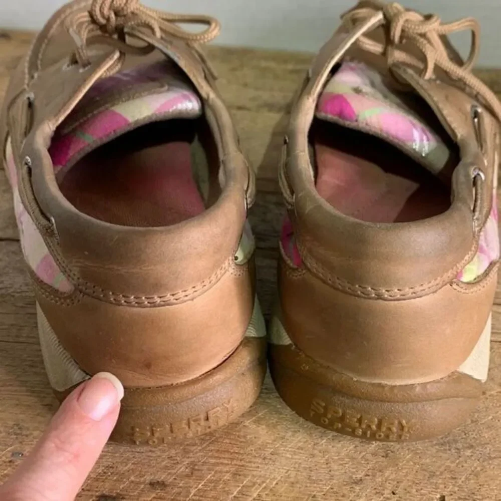 Sperry‎ brown leather boat shoes. Pink plaid slip on loafers