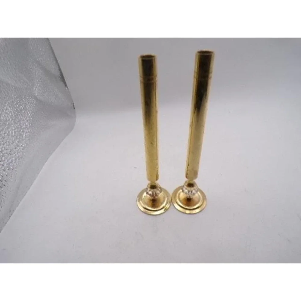 Vintage Gold‎ Tone Bud Vases with Crystal Accents Pair Hollywood Regency Decor