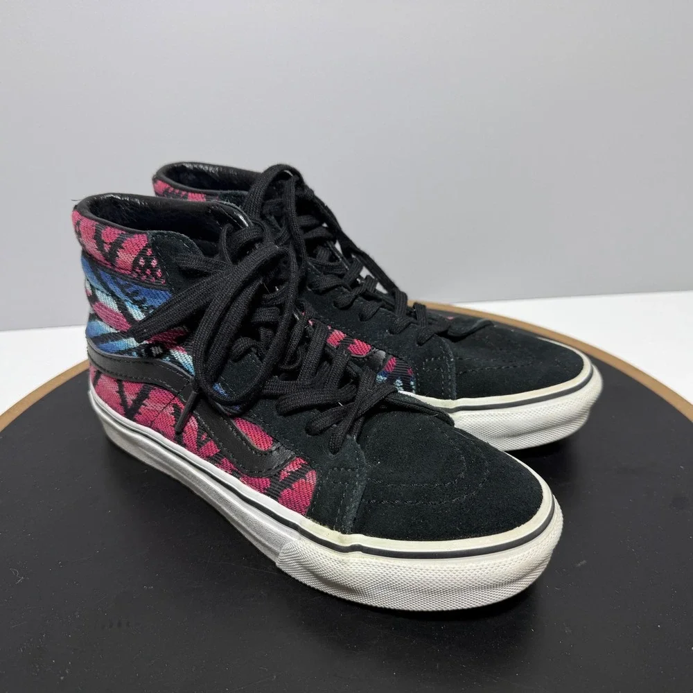 Vans Sk8 Hi Women Size 5 Geometric Tribal Woven High Top Black Pink Skate Casual