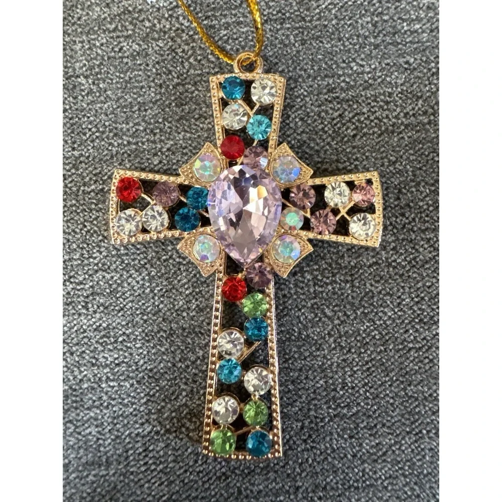 Rhinestone‎ Cross Medal Gold Tone 2.5