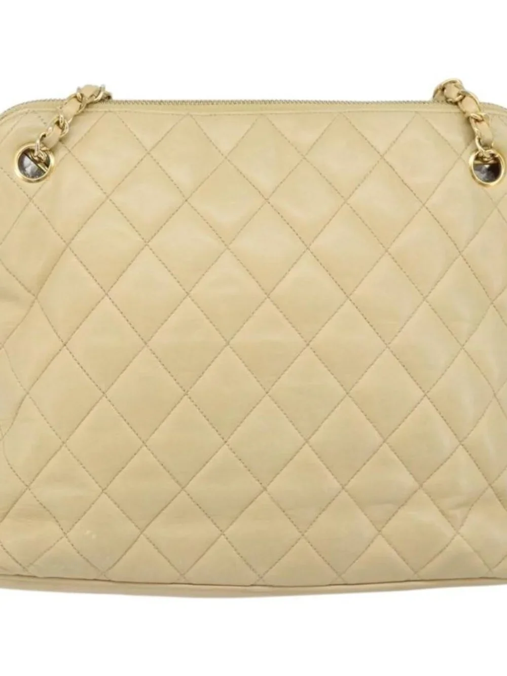 CHANEL Matelasse Chain Shoulder Tote Bag Lamb Skin Beige Gold CC Auth ARZ444