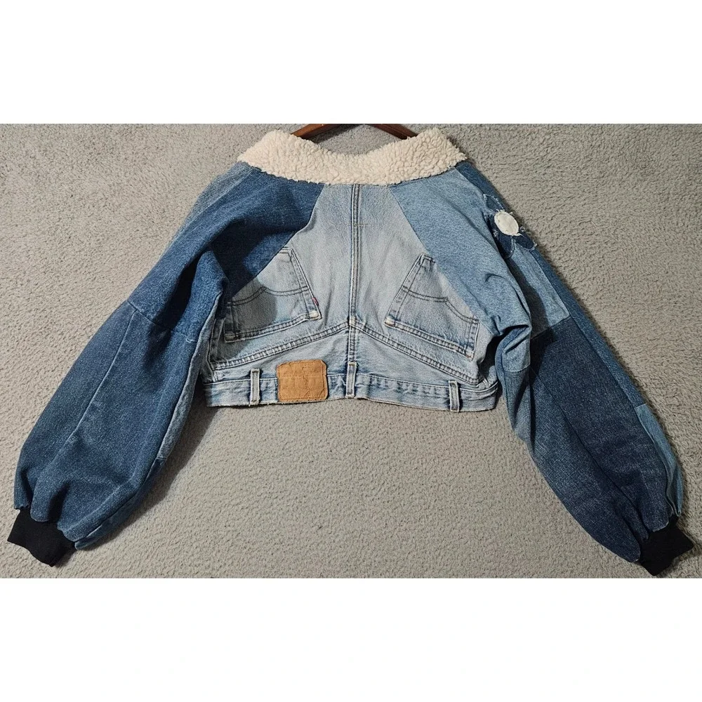 Vintage Spike & Elvis Womens Upcycled Reworked Jeans Jacket Denim Blue Shearling