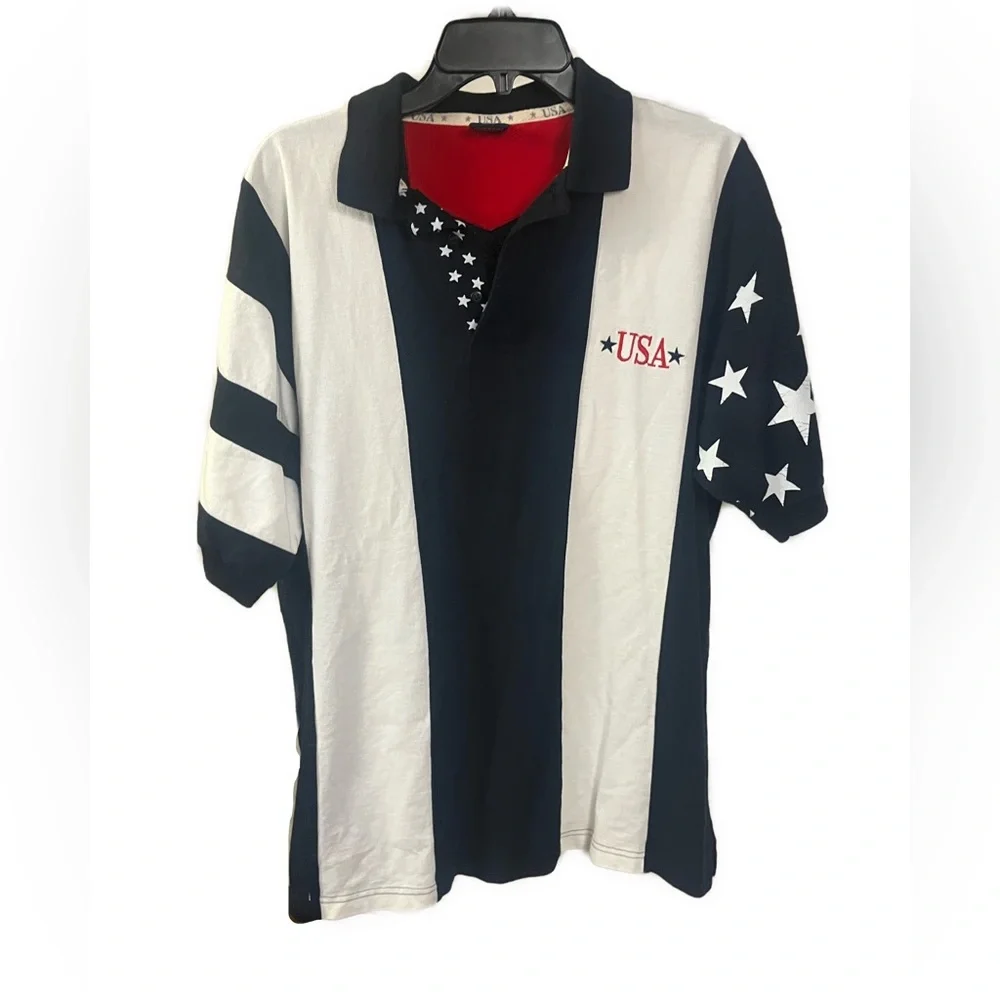 Vintage Men's Patriotic‎ USA Stars and Stripes Knit Polo Shirt- Size Large