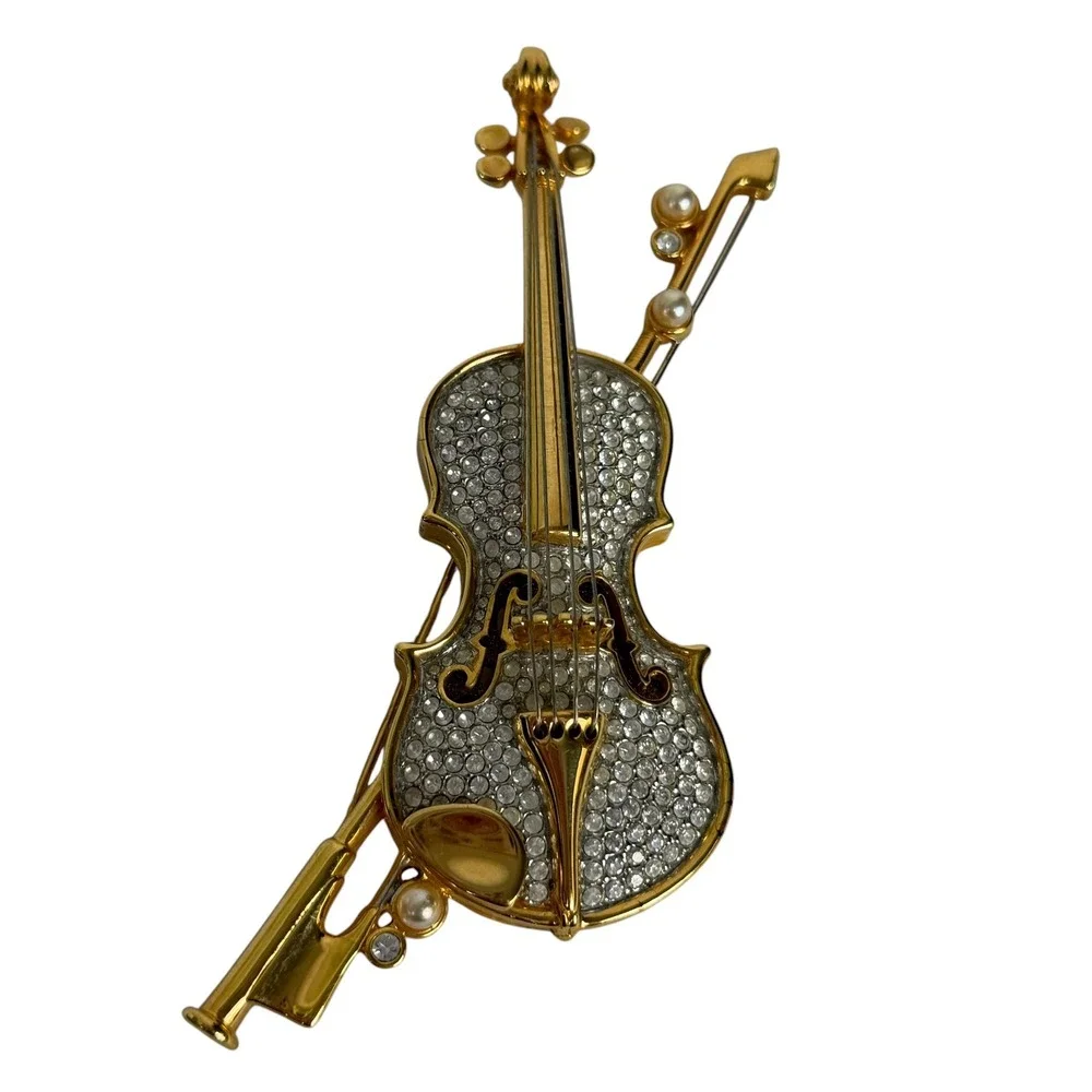 Vintage Swavorski Crystal Gold Tone Violin Brooch‎ Pin with Faux Pearls Jewelry