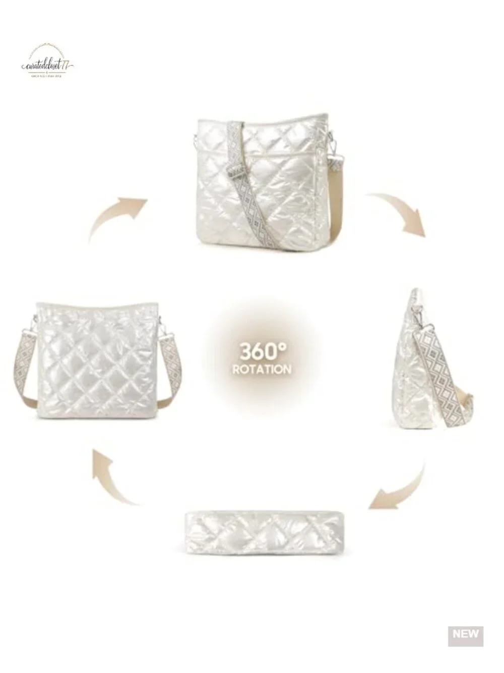 Quilted Crossbody Bag with Adjustable Patterned Strap, Puffer Shoulder Bag for