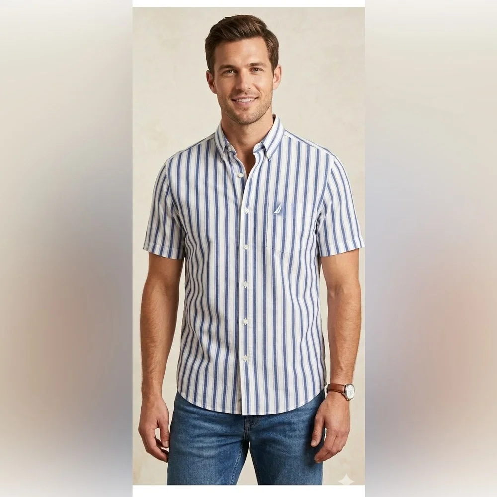Nautica Men's vertical Navy‎ and White Striped Button Down Shirt