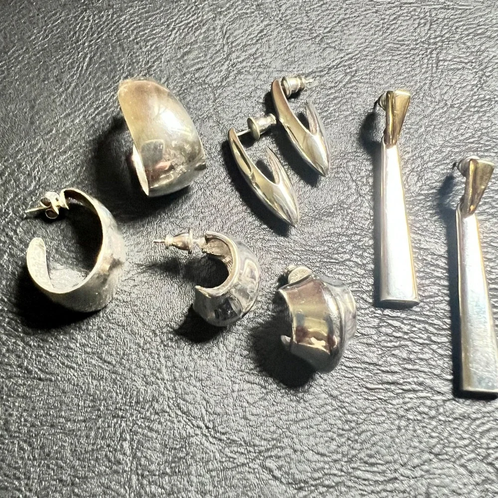 Vintage Silver Tone‎ Earrings Lot 4 Pairs Hoops Drops Geometric Minimalist 90s