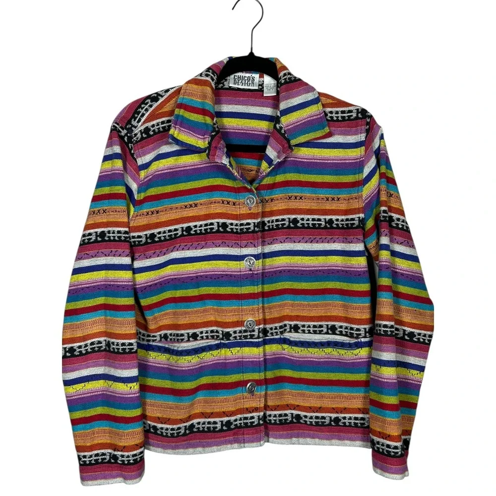 Chicos‎ Design Vintage Striped Cotton Button Down Jacket Sz 0 Small Boho Hippie