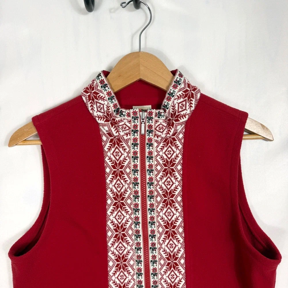 LL Bean Fleece Vest Womens Med Red Nordic Isle Snowflake Full Zip Outdoor Layer