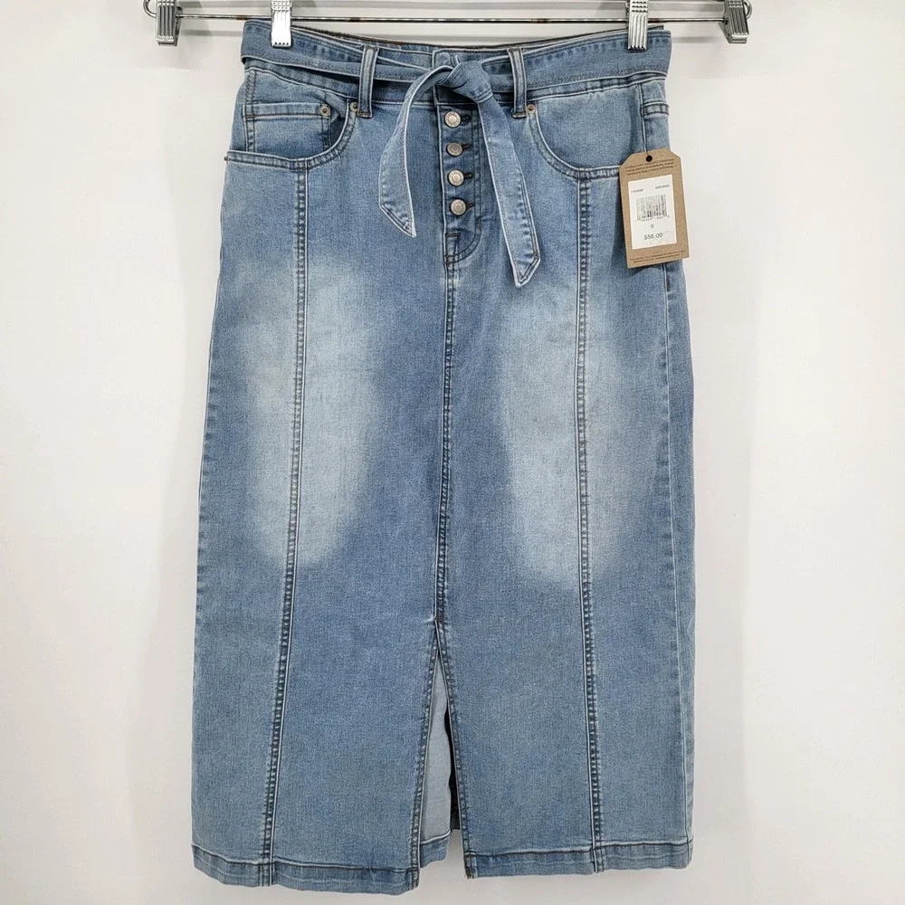 FRYE AND‎ CO. Women's Denim Midi Jean Skirt Blue Size 6 Button Fly Tie Waist New