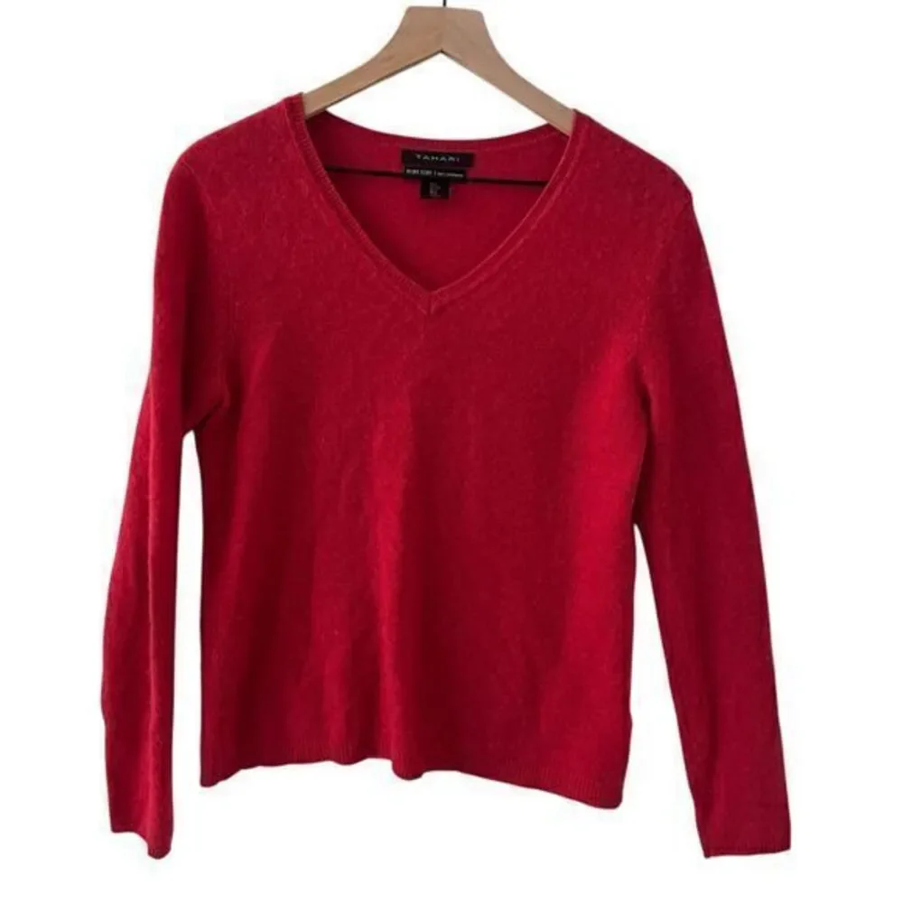 Tahari Pure Lux Red 100% Cashmere V-Neck‎ Soft Long Sleeve Sweater Size L