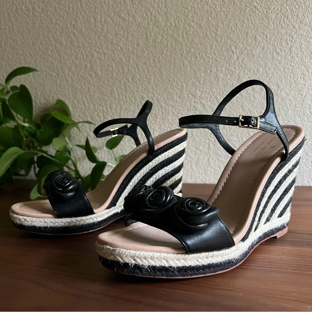 Kate Spade New York Jill Rosette Black Cream Espadrille Platform Wedge Sandals
