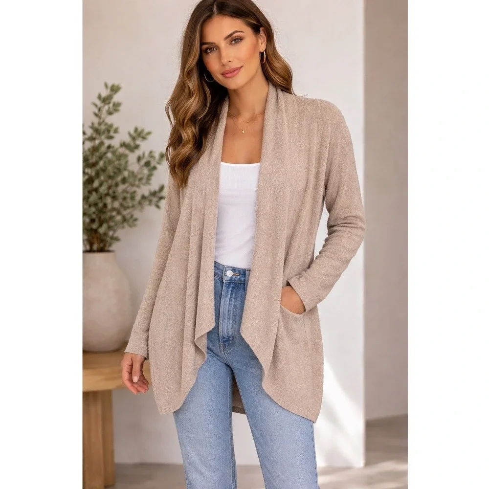 Barefoot‎ Dreams Sweater Women Small Tan Driftwood CozyChic Lite Island Cardigan