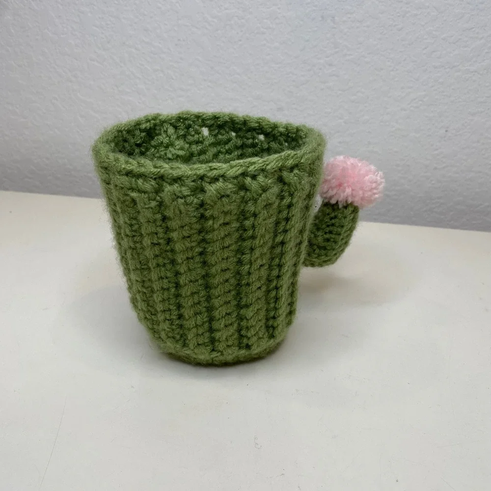 Handmade Crochet Cactus Pencil Holder Green Pink Flower Desk Organizer Basket‎