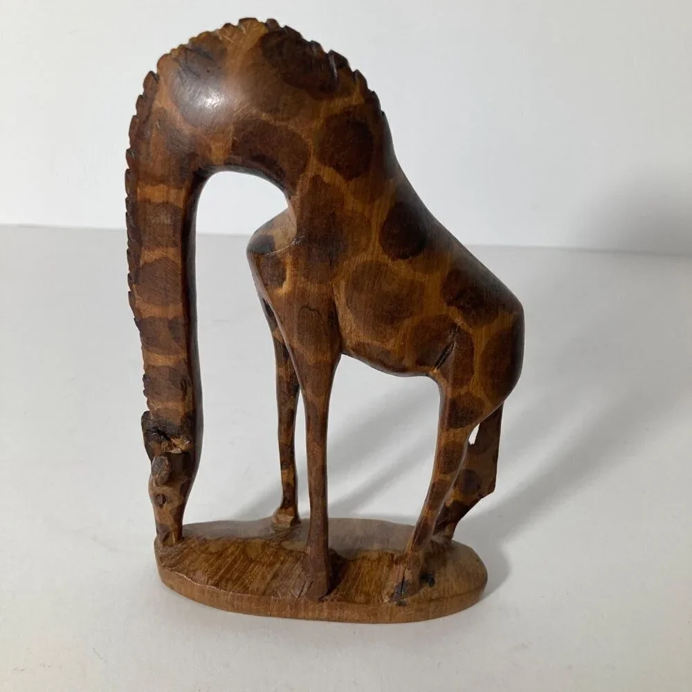 Hand Carved Wood Feeding Giraffe 3 x 6