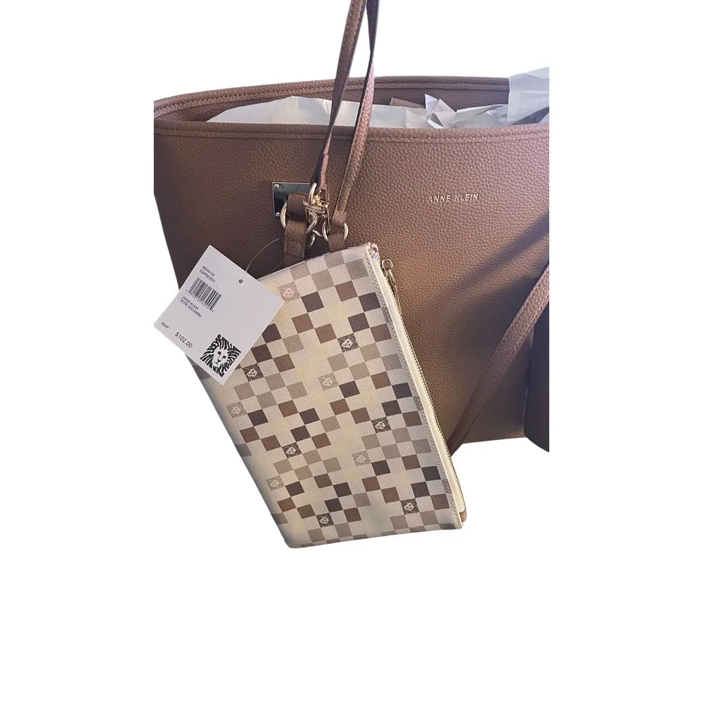 Anne Klein Tote Bag Large Tan Espresso Double Compartment NWT Luxury Work Bag