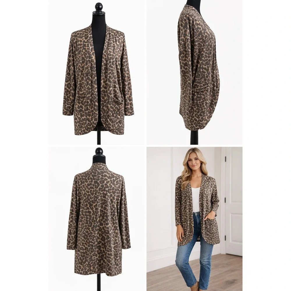 Ivoire Leopard Print Open Front Cardigan Brown Tan Longline Sweater‎ Mens Medium