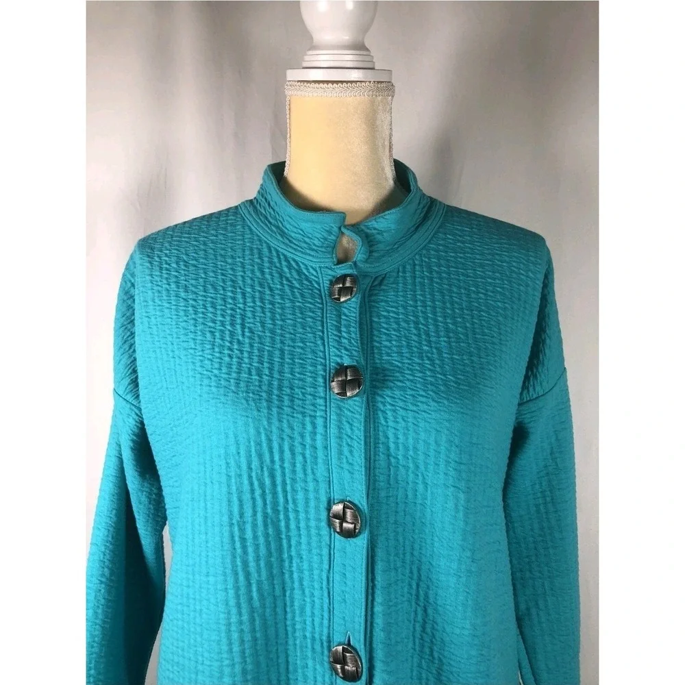 Soft Surroundings Art To Wear Jacket Sz M Cardigan CottonSeersucker Blue Buttons