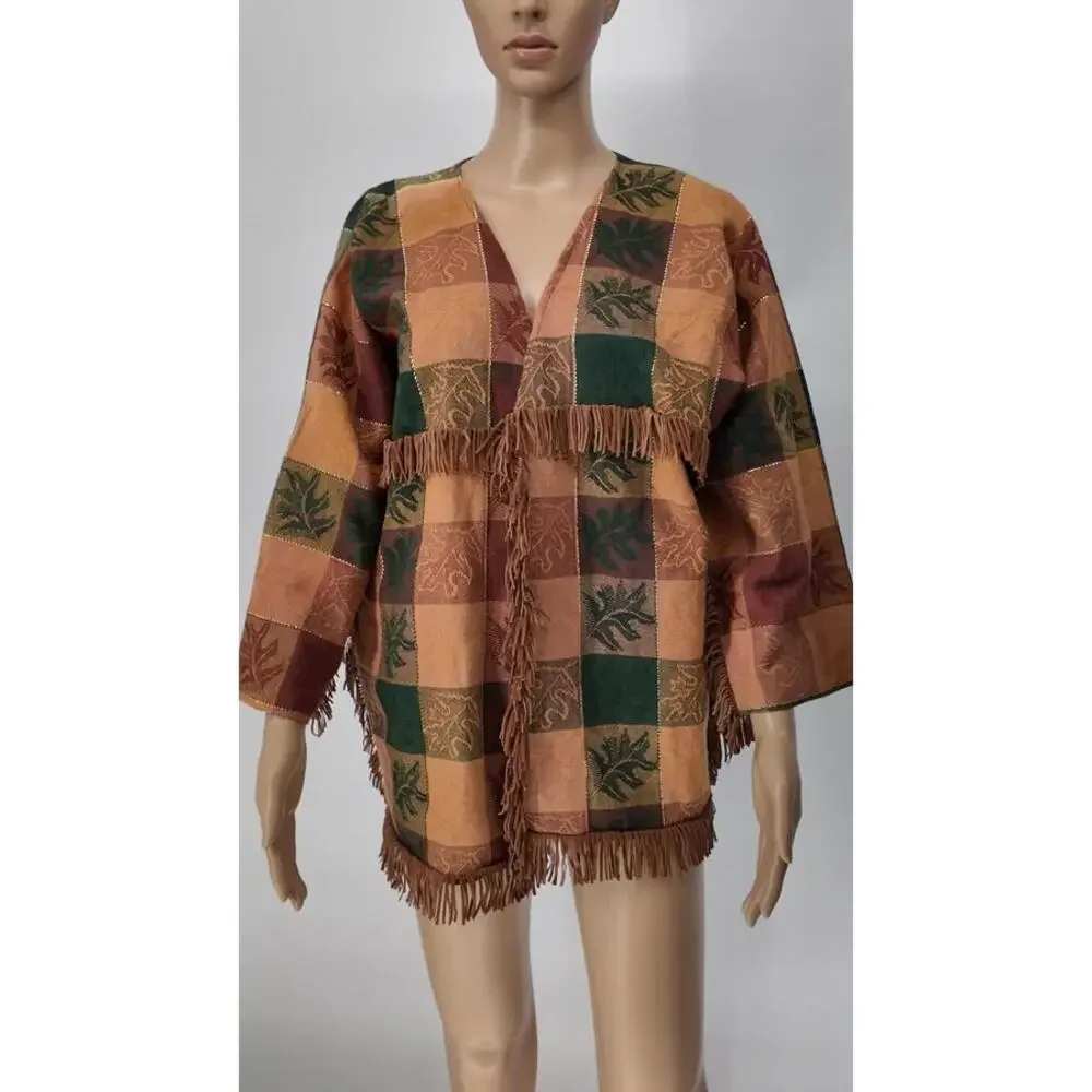 Vintage Boho Patchwork‎ Fringe Jacket Brown Green Burgundy Suede Style L