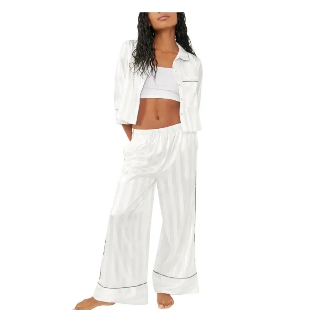 Free People Movement NEW Size Small pajama party 2-pc sleep set in satin ivory