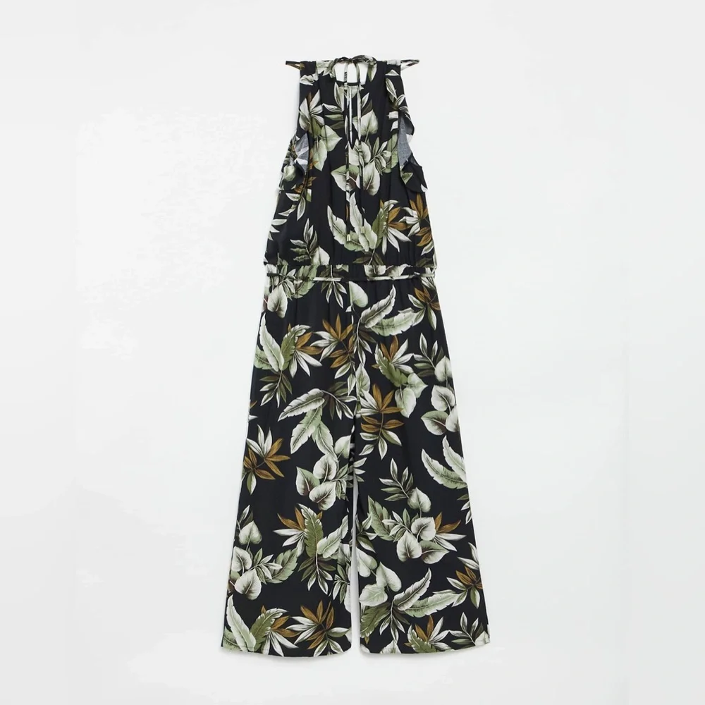 Oasis Jumpsuit Women Palm Print Black‎ Floral Wide Leg Vacay Preppy Halter Top