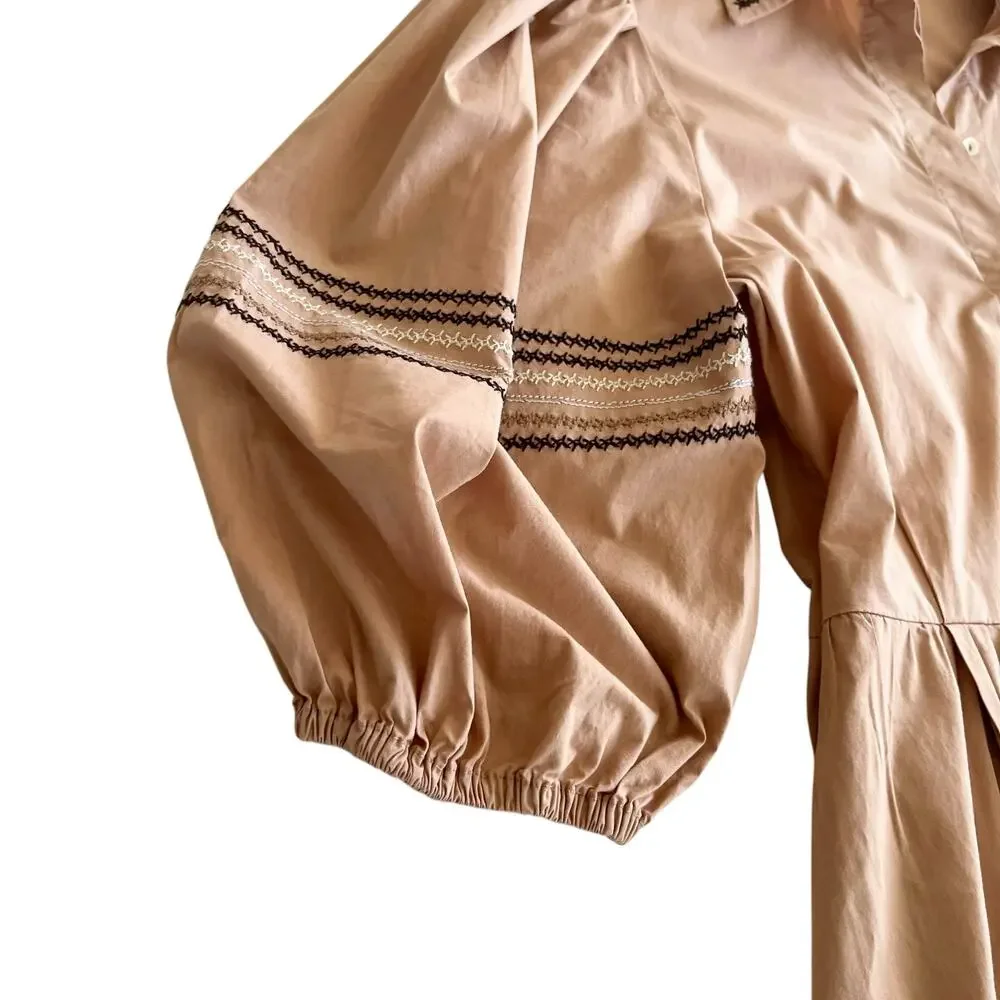 Sfizio Tan Embroidered Poplin Puff Short Sleeve A-Line Midi Shirt Dress Size 4