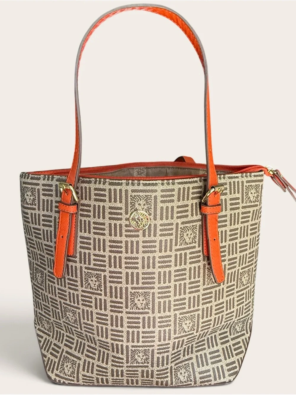 Anne Klein Brown Logo Monogram Tote Bag Orange Trim Shoulder Purse
