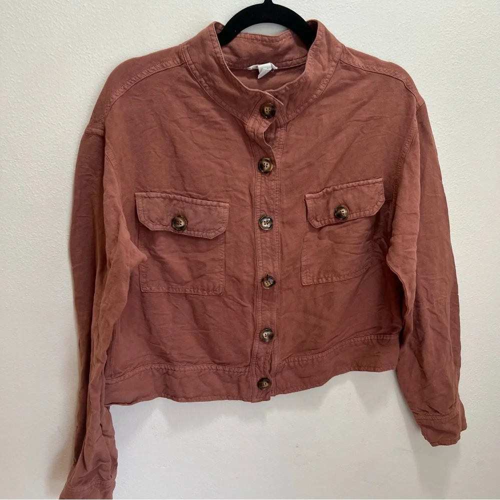 Tribal Jeans Terracotta Linen Blend Utility Jacket Cropped Mock Neck Rust Medium