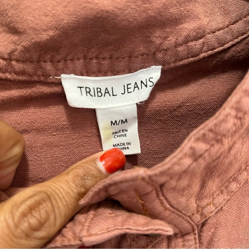 Tribal Jeans Terracotta Linen Blend Utility Jacket Cropped Mock Neck Rust Medium