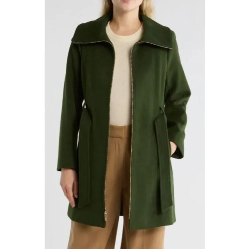 Michael Kors Womens Green Wool Blend Full Zip Belt Mid Length Pea Coat Sz XL New