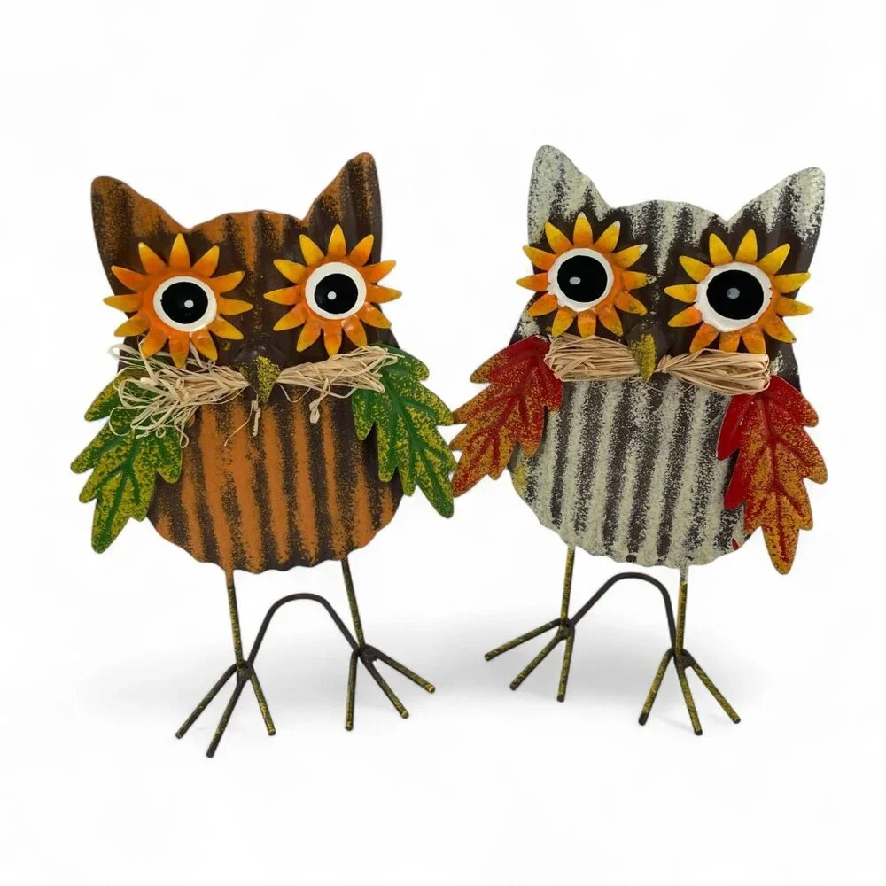2 Metal Owl‎ Standing Figurines Colorful Fall Leaves Straw Sunflowers Cheerful