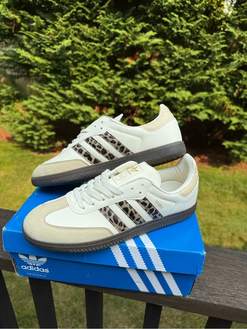 UNISEX adidas Cream and Brown Samba Sneakers with Leopard-Print Stripes