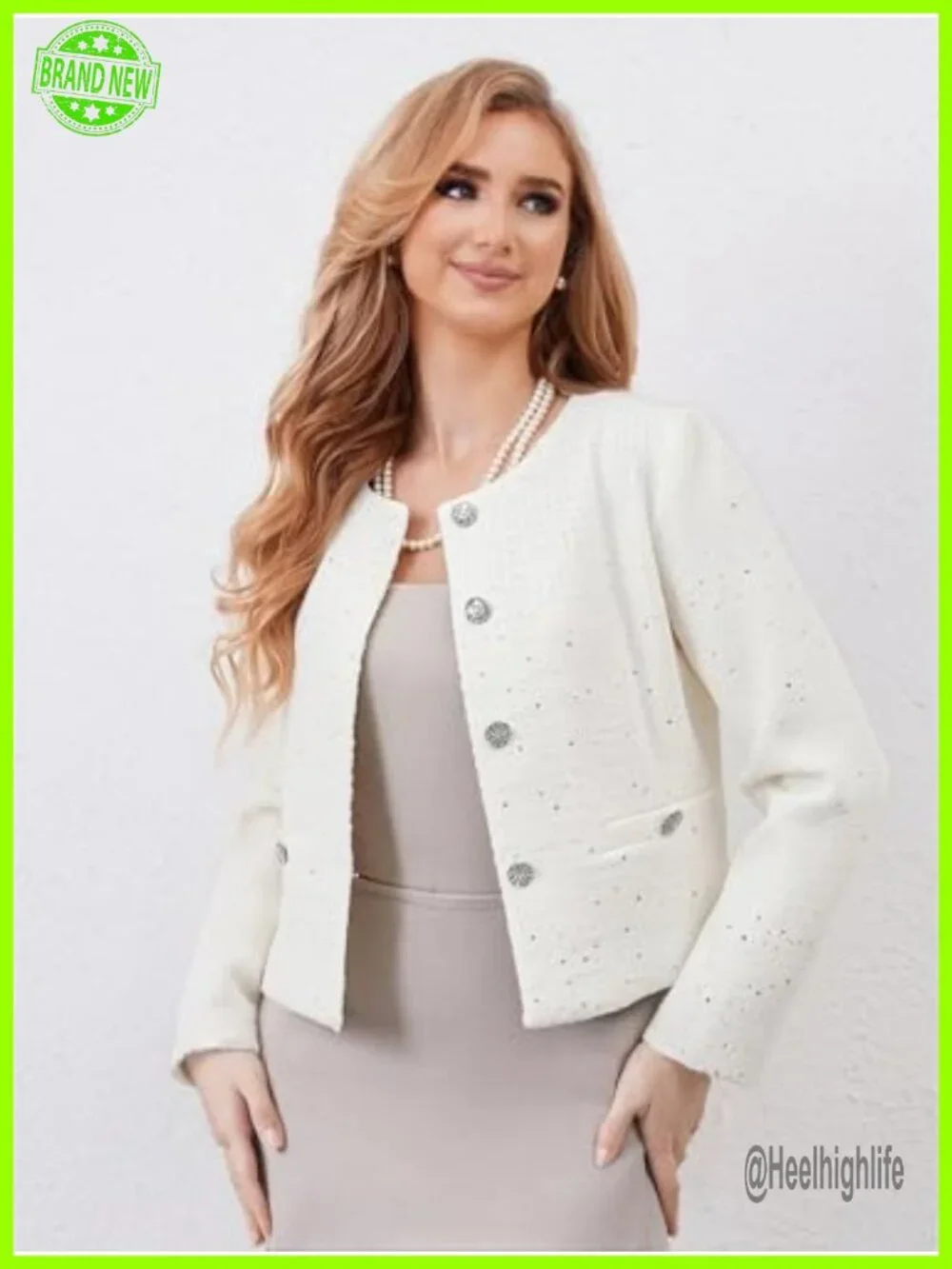 Short Tweed Sequin Blazer Casual Sparkly Jacket Round Neck