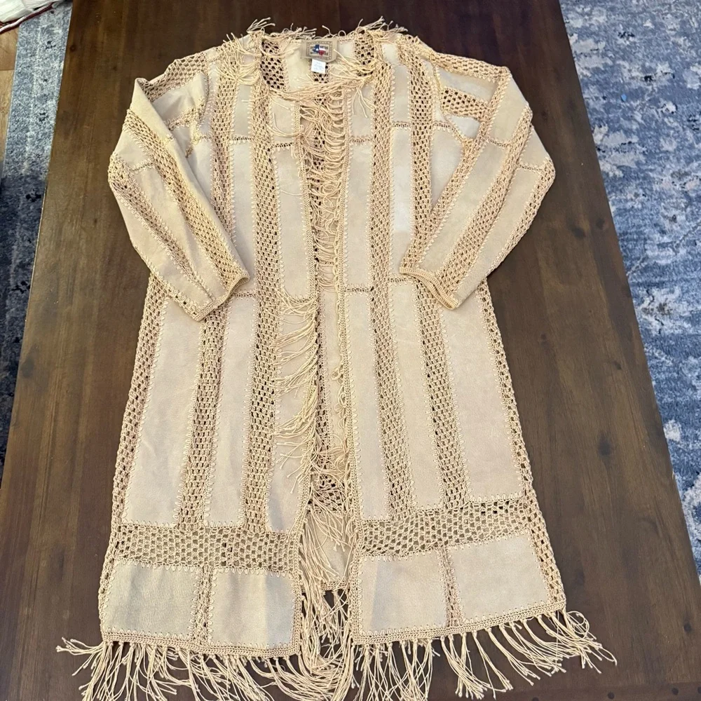 Don’t Mess with Texas Fringe Beige Crochet‎ Cardigan Coat