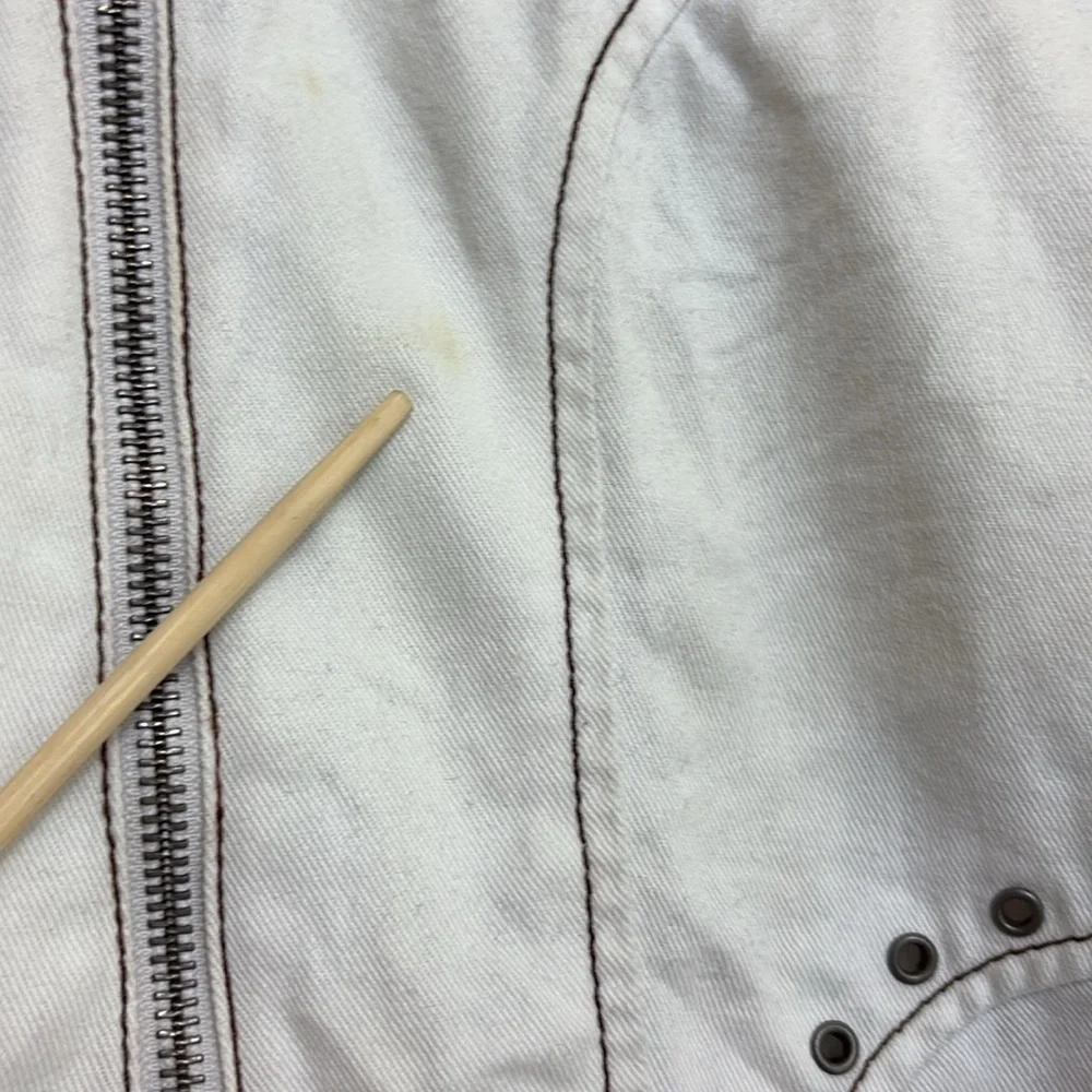 Jakket NY | Cream White Leather & Twill Riveted Studded Zip Pocket Moto Jacket S