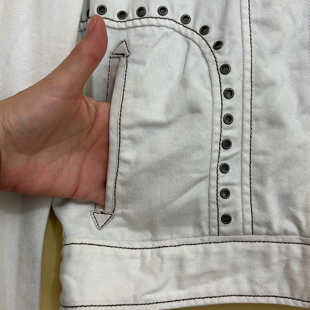 Jakket NY | Cream White Leather & Twill Riveted Studded Zip Pocket Moto Jacket S