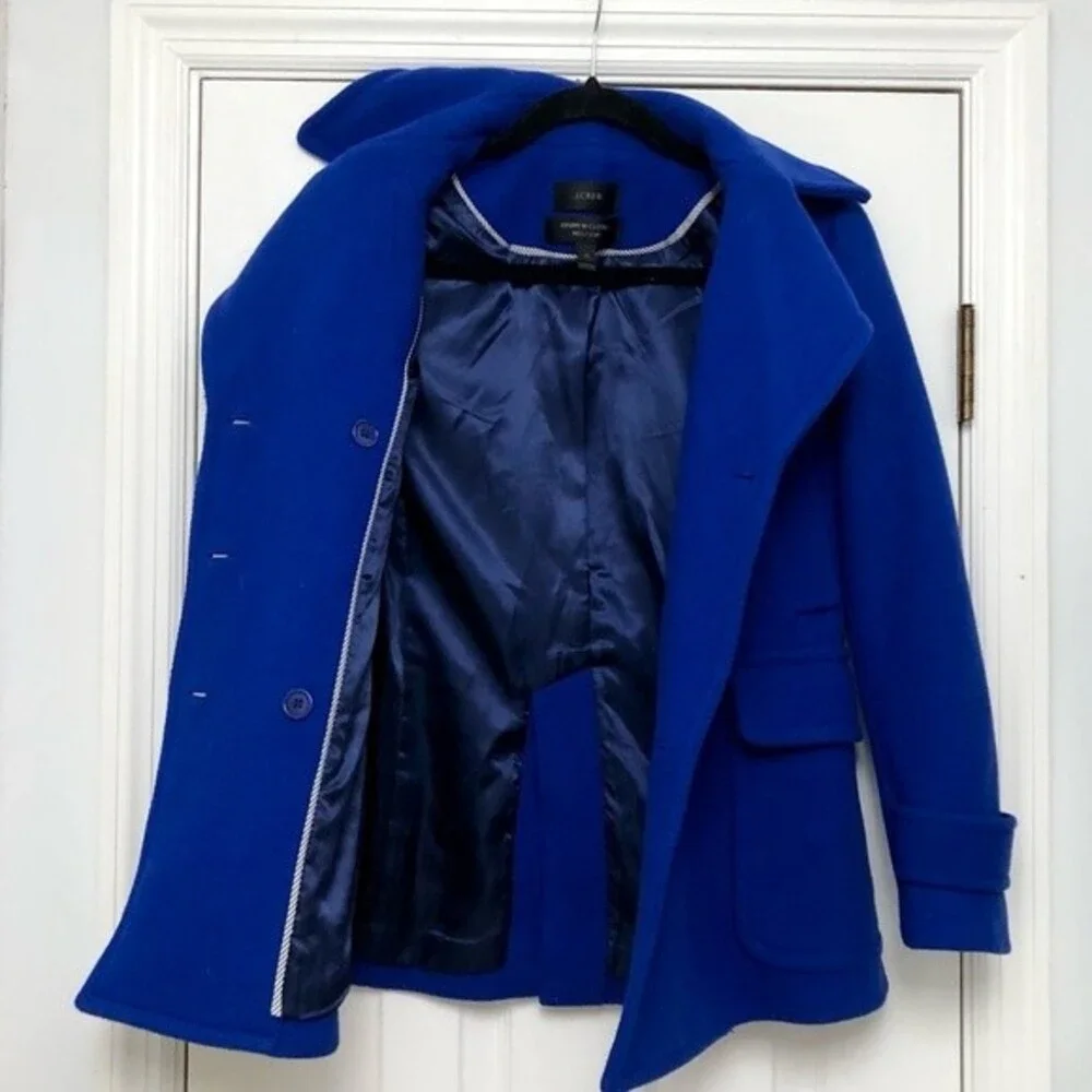 J Crew Pea Coat Jacket Majesty Stadium Cloth Royal Blue Wool Goldtone Buttons 0