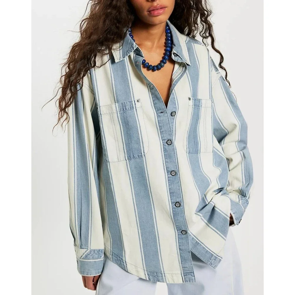 Free People We The Free Crossroads Striped Button Down Shirt Top Print S 288579